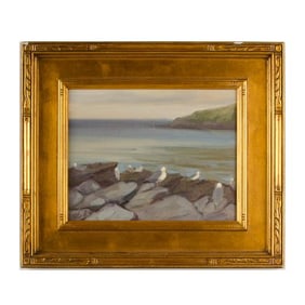 Alison Hill (American Late 20th Century) "Seagulls on the Rocks.." oil on canvas.
