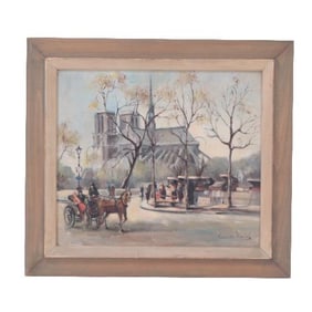 Andre Michel (French B1945) "Notre-Dame de Paris Cathedral" oil on masonite.