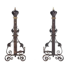 A pair of nineteenth Century French wrought iron and bronze andirons.