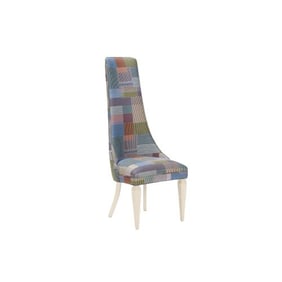 A tall back side chair covered in Paul Smith fabric .