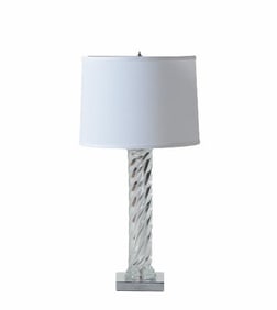 A twisted glass table lamp.