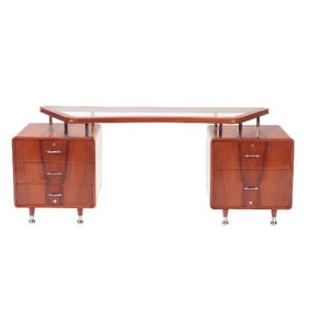 A stunning MCM glass and wood floating top desk C 1960.