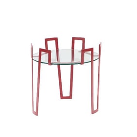 A red iron and glass end table in the manner of Jean Royere .