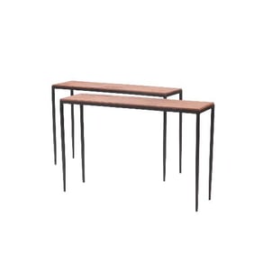A pair of iron and leather top console tables in the manner of Jean-Michel Frank .