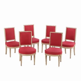 A quality set of six French Louis XVI style upholstered and painted dining chairs C 1920.