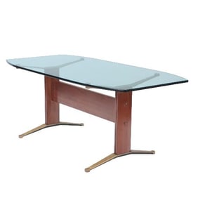 An Italian brass and wood writing desk or dining table with glass top C 1955.