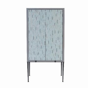 A stylish custom-made cerused oak cabinet having mosaic glass doors and resting on a painted black