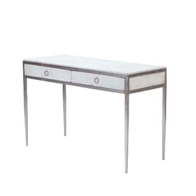 A white leather and polished iron writing desk in the manner of Jean-Michel Frank .