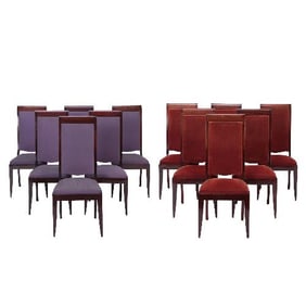 A set of 12 French Art Deco dining chairs in the manner of Gaston Poisson C 1930.