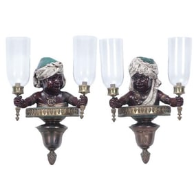 A pair of French patinated brass figural wall sconces 19th C.