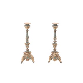 A pair of French painted and giltwood altar candlesticks C 1820 .
