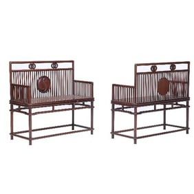 A pair of Chinese Huanghuali hardwood benches early 20th C.