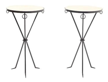 A pair of  Gueridon style iron and parchment drinks tables .