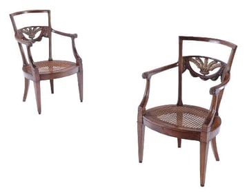 An elegant pair of Italian walnut and gilt armchairs C 1820.