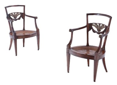 An elegant pair of Italian walnut and gilt armchairs C 1820.