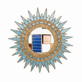 A fine glass and resin convex sunburst mirror in the manner of Line Vautrin's "Soleil ? Pointes"