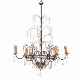A French painted iron and beaded chandelier in the manner of Maison Bagues C 1940.