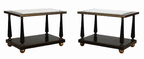 A pair of ebonized and gilt marble top end tables C 1950.