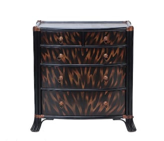 A Maitland Smith ebonized five drawer bow front commode having exotic flame painted decoration and