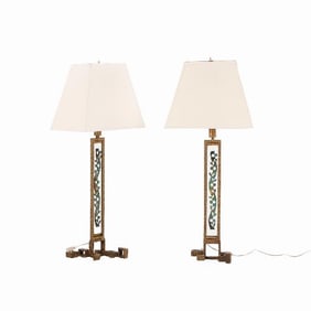 A tall pair of Italian Brutalist style bronze and enamel table lamps C 1970.