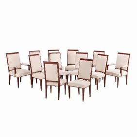 A rare set of 16 French mahogany and giltwood dining chairs in the manner of Andre Arbus C 1940.