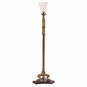 A French Neoclassical style gilt bronze and marble floor lamp C 1900.