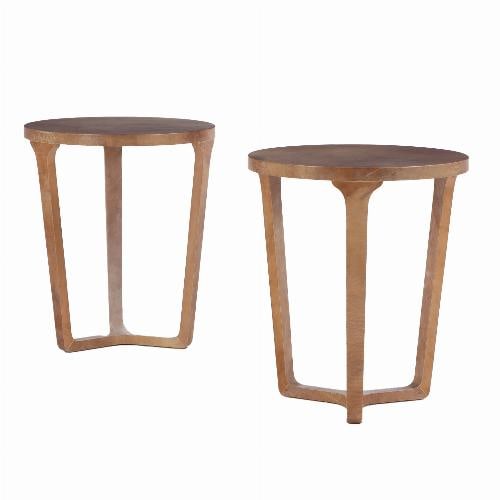 A tall pair of round parchment covered end tables . (1 of 5)