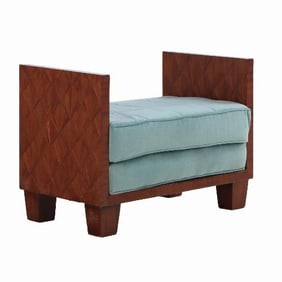 A Jean-Michel Frank style straw marquetry upholstered bench .