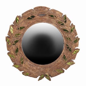 A green glass and resin convex mirror in the manner of Line Vautrin .