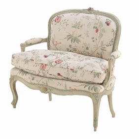 A French Louis XV style painted and upholstered settee C 1900.