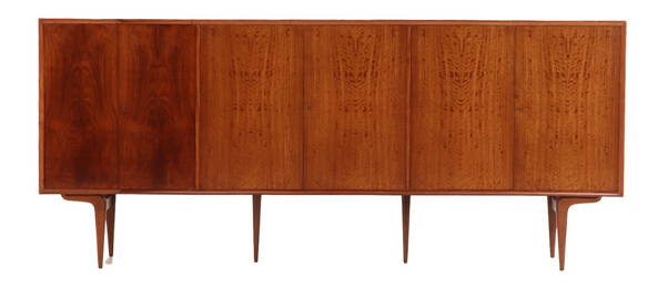 LARGE FIVE DOOR ROSEWOOD AND SATINWOOD SIDEBOARD C 1960 HAVING A MIRRORED BAR SECTION.
