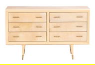 PARCHMENT COVERED SIX DRAWER DRESSER C 1950 HAVING BRASS HARDWARE AND PAINTED FEET.