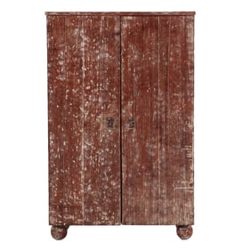 TWO DOOR GOUGED CARVED CERUSED OAK FRENCH CABINET ON BALL FEET C 1950.