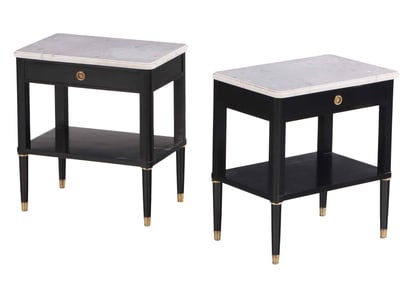 PAIR EBONIZED MARBLE TOP TABLES HAVING A SINGLE DRAWER AND ROUND LEGS IN THE MANNER OF ANDRE