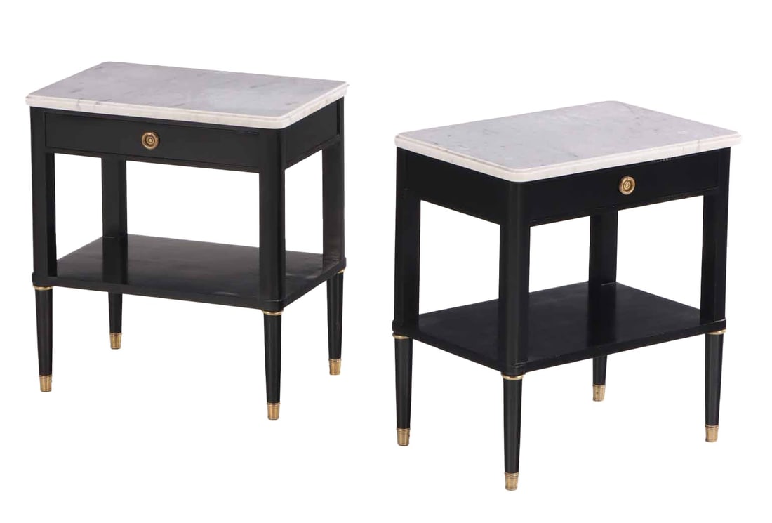 PAIR EBONIZED MARBLE TOP TABLES HAVING A SINGLE DRAWER AND ROUND LEGS IN THE MANNER OF ANDRE: Pair ebonized marble top tables having a single drawer and round legs in the manner of Andre Arbus C 1950. Ht: 24.25" Wd: 22" Dpth: 15.25"