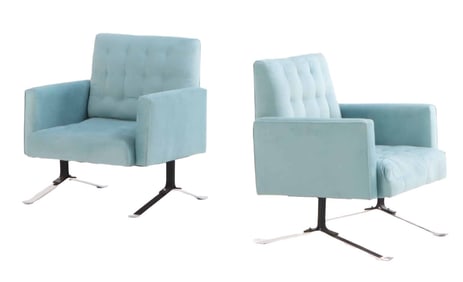 PAIR CHROMED IRON LOUNGE CHAIRS C 1970 HAVING NEW FABRIC.