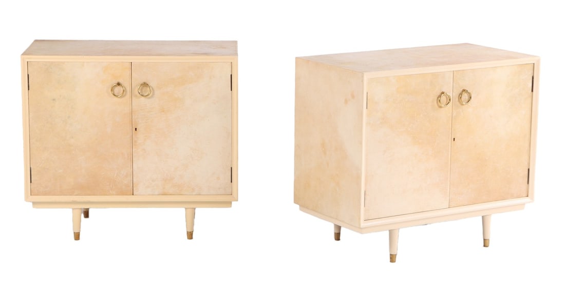 PAIR OF PARCHMENT COVERED TWO DOOR CABINETS C 1950 HAVING PAINTED LEGS. (1 of 8)