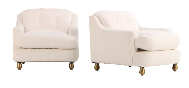 PAIR OF UPHOLSTERED LOUNGE CHAIRS WITH BRASS FEET C 1965 RECENTLY UPHOLSTERED IN A BOUCLE TYPE