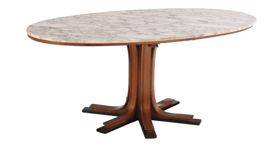 LARGE OVAL BENTWOOD TABLE HAVING A REMOVABLE MARBLE TOP C 1960. (1 of 7)