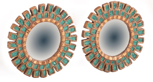 SMALL PAIR STARBURST MIRRORS MADE WITH A BLUE GREEN VINTAGE GLASS IN THE MANNER OF LINE