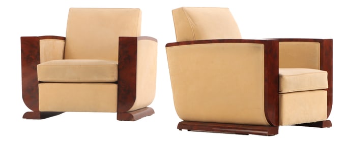 PAIR LARGE SCALE FRENCH ART DECO STYLE BURLED WALNUT LOUNGE CHAIRS.