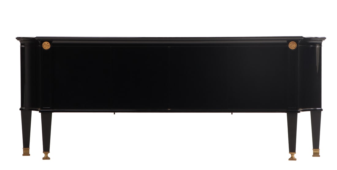 FRENCH EBONIZED FOUR DOOR BRONZE MOUNTED SIDEBOARD IN THE MANNER OF ANDRE ARBUS C 1940.: French ebonized four door bronze mounted sideboard in the manner of Andre Arbus C 1940. Ht: 37.5" Wd: 98.75" Dpth: 18.5"