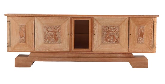 LARGE FRENCH CERUSED OAK SIDEBOARD HAVING CARVED PANELS WITH MERMAIDS AND TALL SHIPS AND A CENTRAL