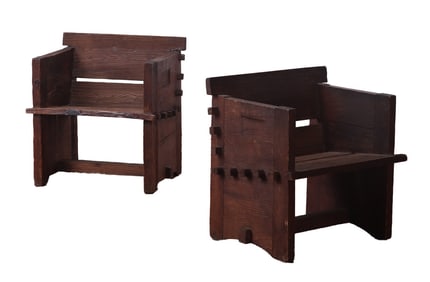 PAIR FRENCH BRUTALIST STYLE WOODEN ARM CHAIRS C 1960.