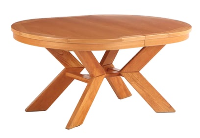 ROUND FRENCH CHERRY DINING TABLE HAVING TWO LEAVES IN THE MANNER OF CHAPO C 1970.