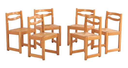 SIX FRENCH CHERRY DINING CHAIRS IN THE MANNER OF CHAPO C 1970.