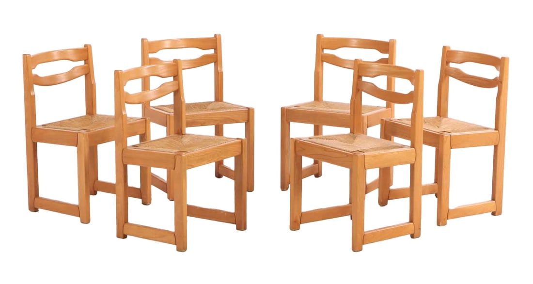 SIX FRENCH CHERRY DINING CHAIRS IN THE MANNER OF CHAPO C 1970. (1 of 6)