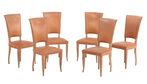 SIX FRENCH CERUSED OAK DINING ROOM CHAIRS HAVING UPHOLSTERED BACKS C 1940.