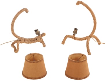 TWO FRENCH ROPE TABLE LAMPS ATTRIBUTED TO AUDOUX MINET C 1960. SHADES ATTACH TO BULBS.