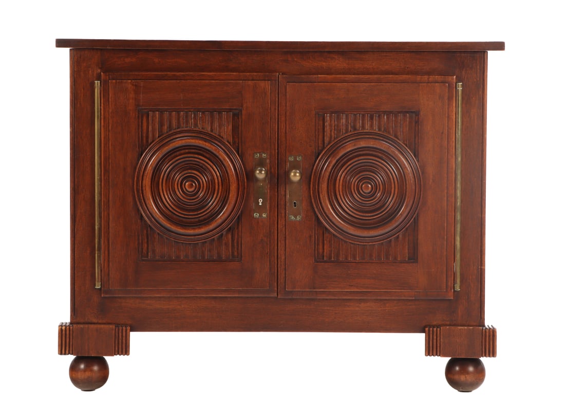 FRENCH MAHOGANY SERVER WITH GEOMETRIC DESIGN IN THE MANNER OF CHARLES DUDOUYT HAVING BRASS (1 of 8)